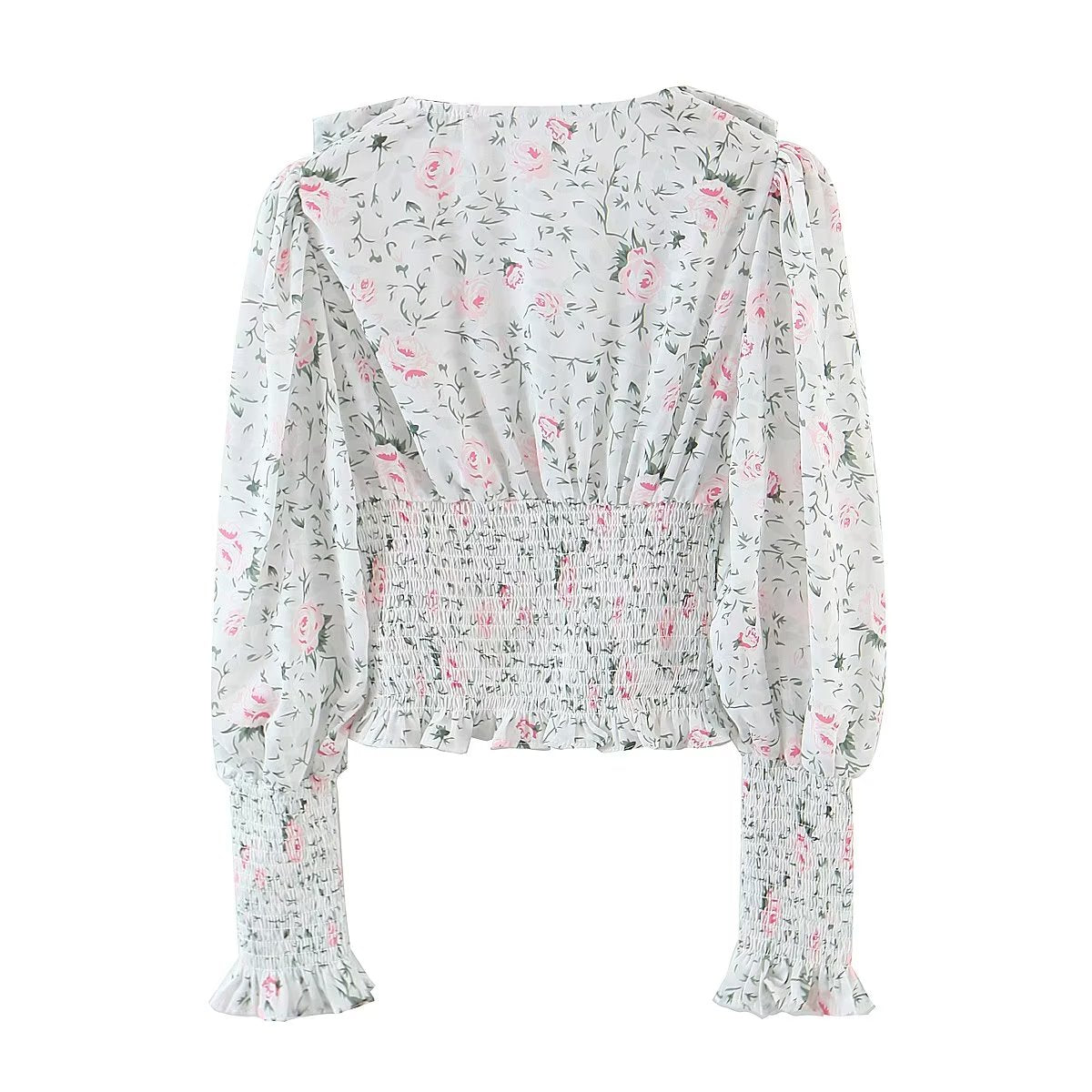 Chemise à manches longues à col large et taille élastiquée, style blogueuse automnale, à imprimé floral et manches lanternes, col rond et taille élastiquée.