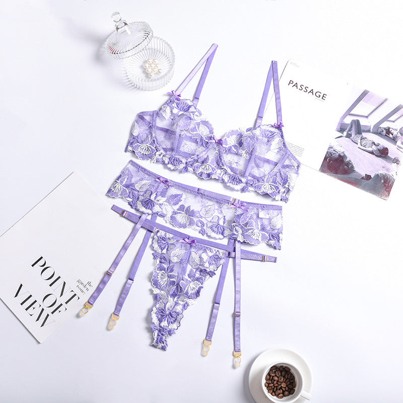 Hollow Out Cutout Floral Embroidery Lace Three-Point Garter Sexy Suit Three-Piece Set