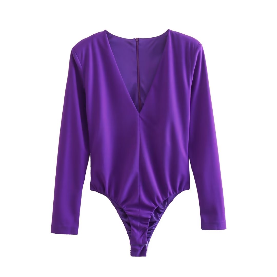 Women Clothing Sexy Four Color Deep V Plunge neck Padded Shoulder Close Fitting Inner Bodysuit