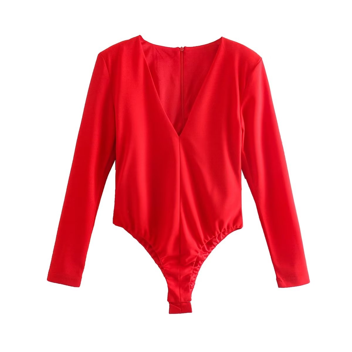 Women Clothing Sexy Four Color Deep V Plunge neck Padded Shoulder Close Fitting Inner Bodysuit