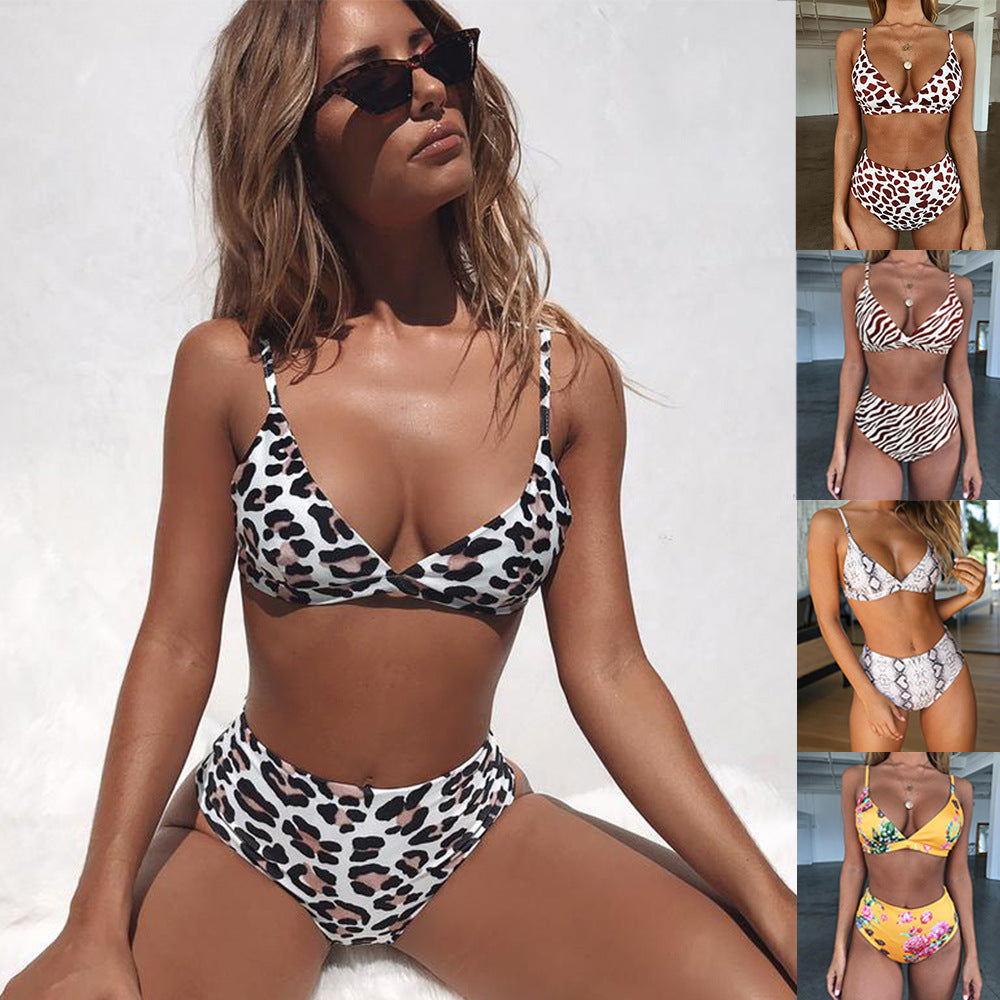 Bikini con estampado de leopardo y piel de serpiente para mujer, traje de baño de cintura alta con estampado de algodón dividido