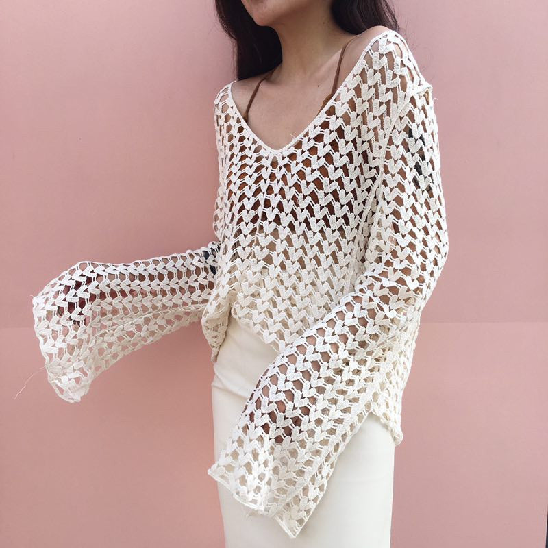 Korean Cotton Thread Hollow Out Cutout Crochet Embroidery Floral Women Long Sleeve Bottoming Shirt Smock Top Sun Protective Blouse