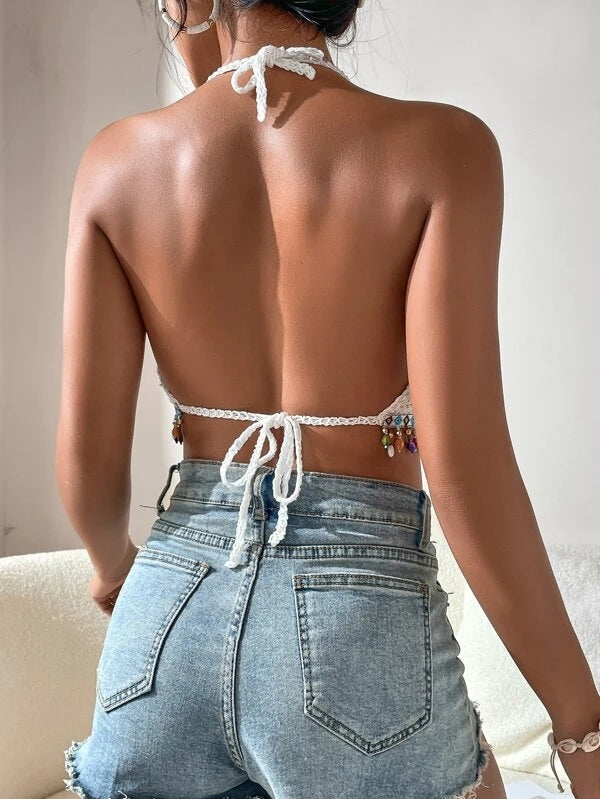 Women Summer Vacation Solid Crochet Fringe Crop Camis Crochet hook