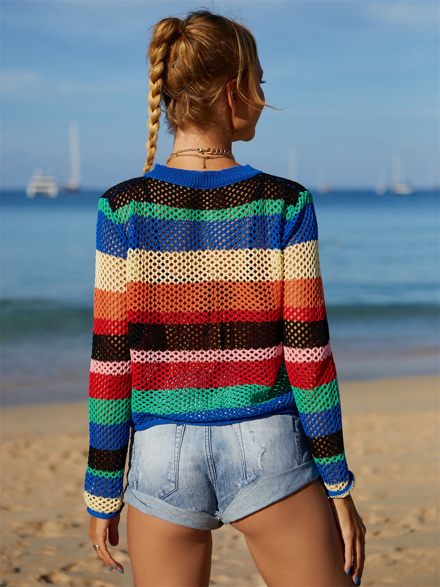 Summer Rainbow Stitching Hollow Out Cutout Bikini Beach Dress Knitted Blouse