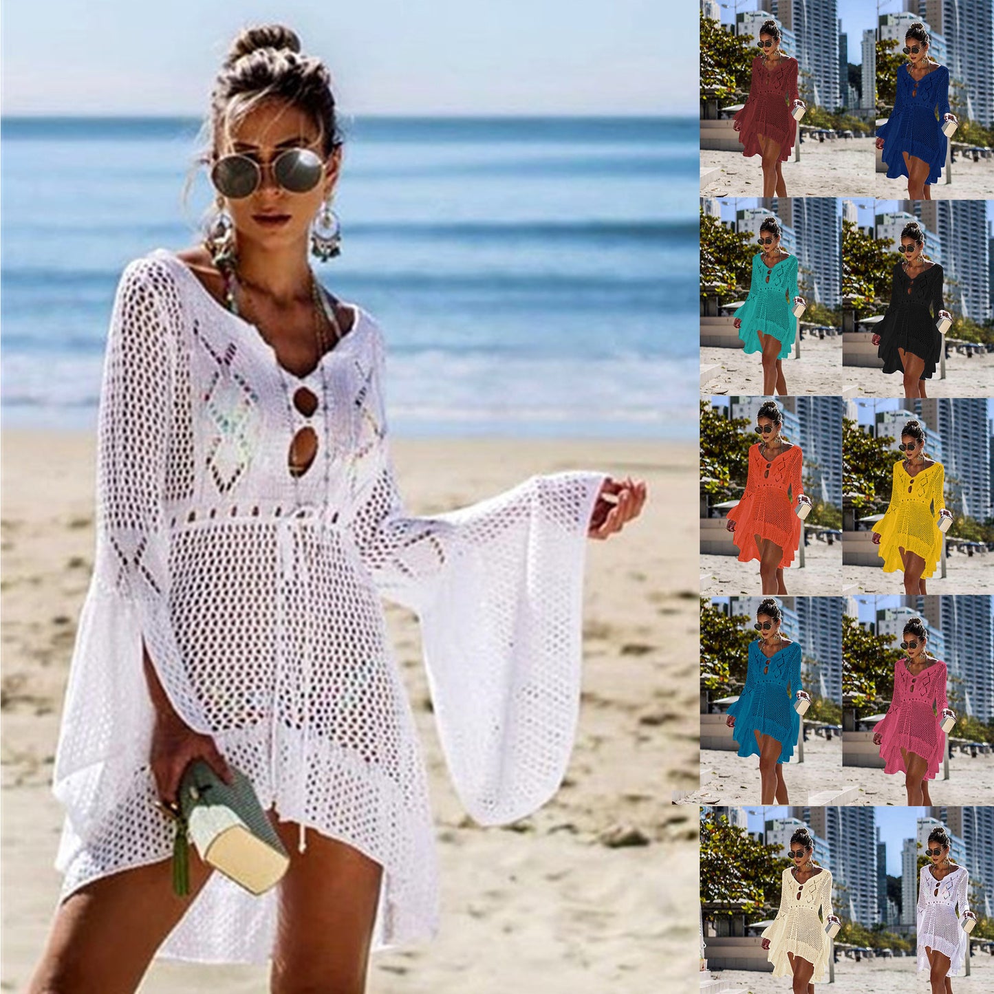 Women Clothing Irregular Asymmetric Deep V Plunge Sexy Bell Sleeve Hollow Out Cutout Woven Beach Overclothes Dress