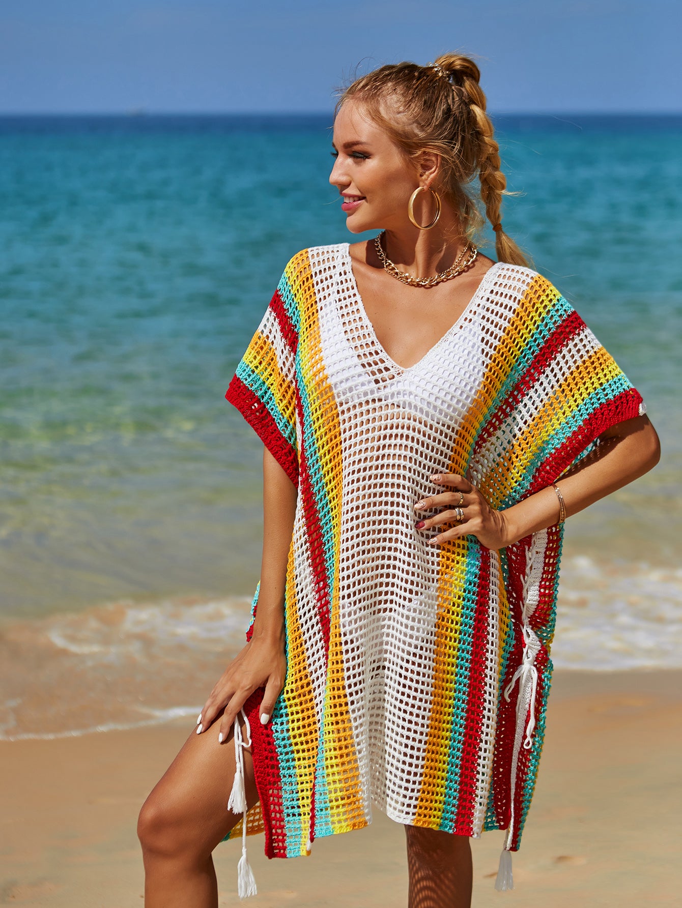 Summer Beach Cover up Cutout Knitted Tassel Holiday Bikini Cover Women