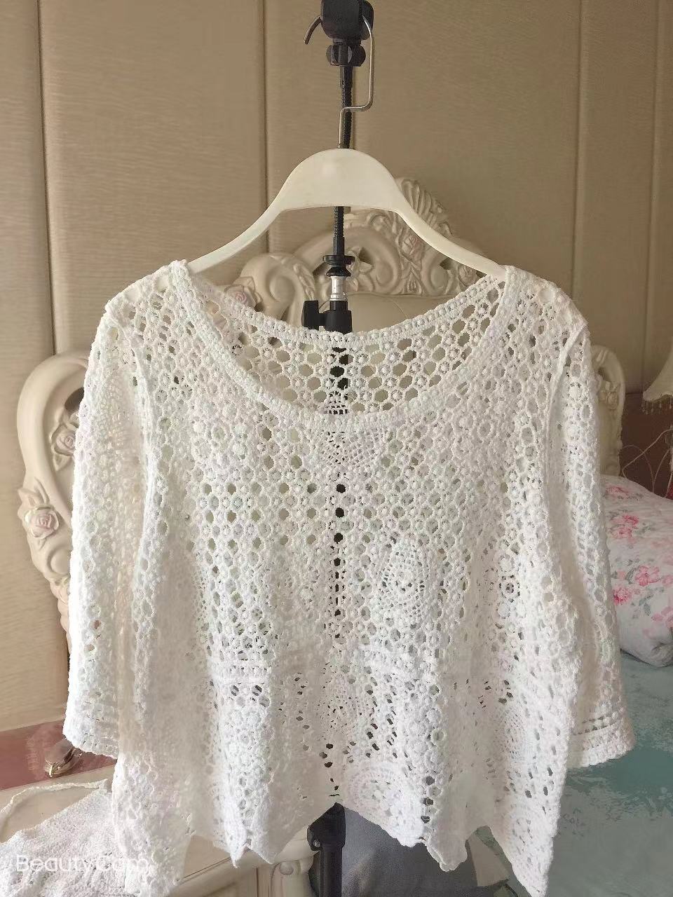 Women Summer Vacation Short Sleeve Solid Regular Crochet Top Crochet hook