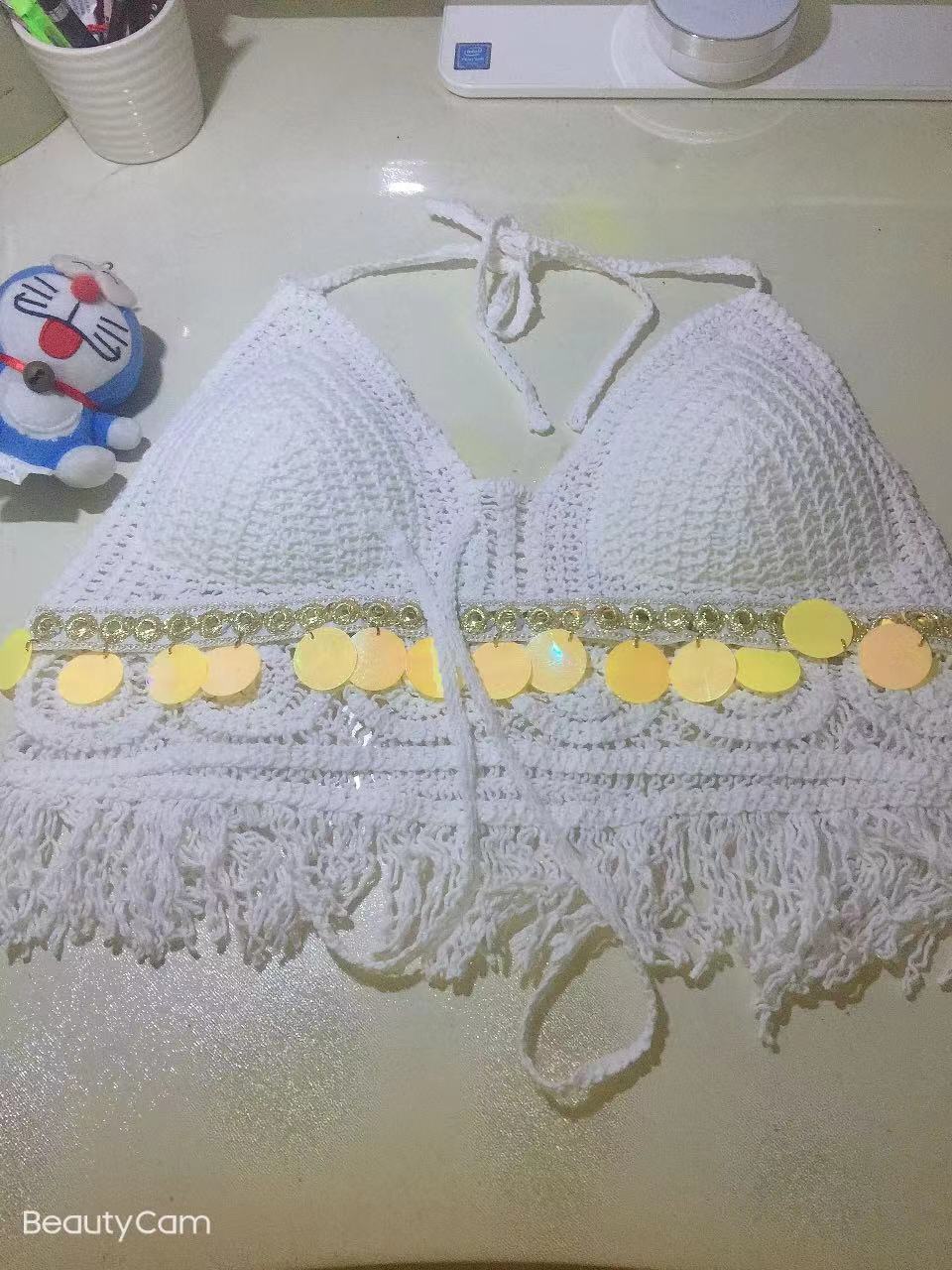 Women Summer Vacation Sleeveless Tie Crochet Crop Solid Top Crochet hook
