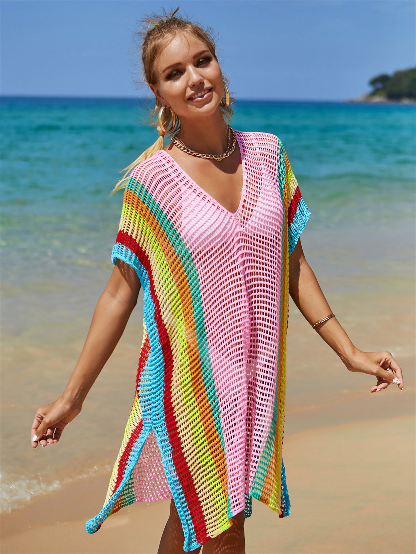 Traje de baño playero de verano con aberturas y recortes de punto arcoíris para mujer