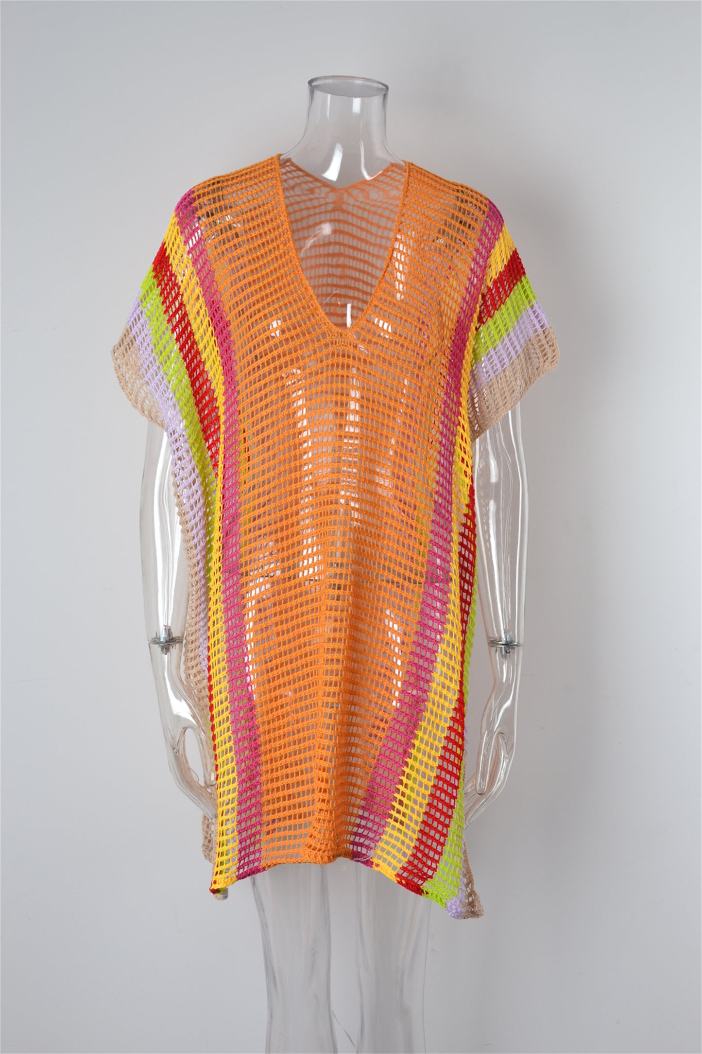 Traje de baño playero de verano con aberturas y recortes de punto arcoíris para mujer