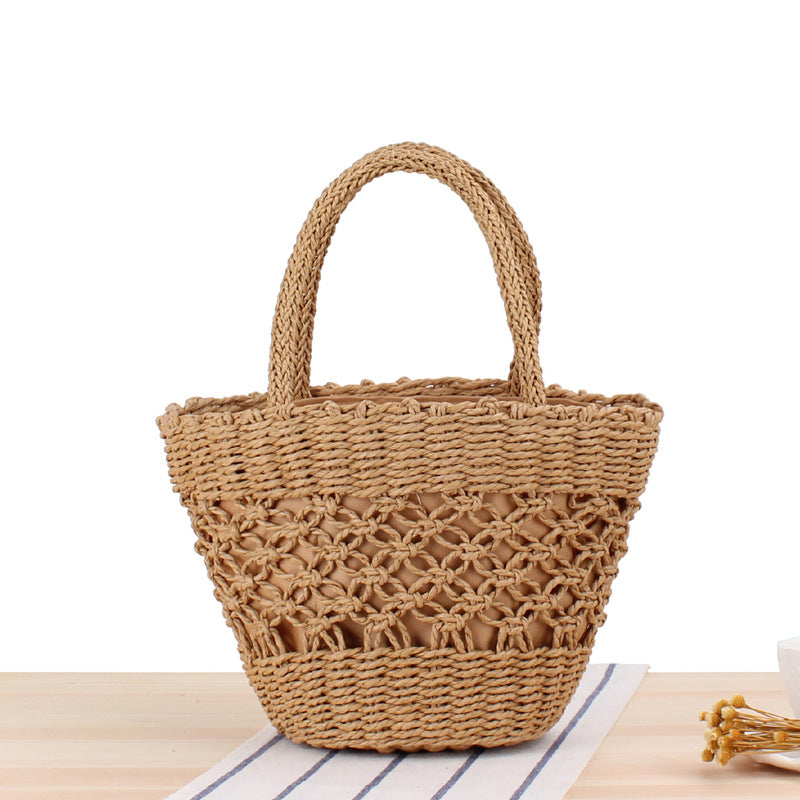 Bolsa de playa tejida con recortes, bufanda de seda, bolso de paja fresca, bolso informal para fotografía de vacaciones