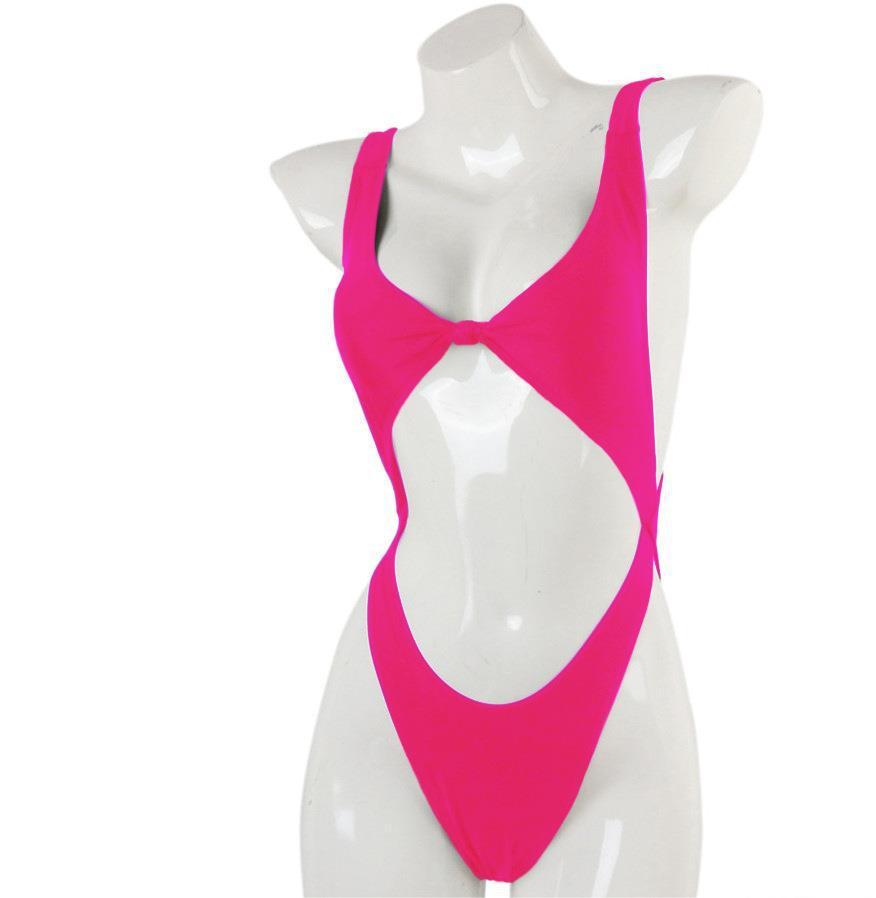 Traje de baño de bikini de color sólido de una pieza con aberturas y espalda abierta sexy