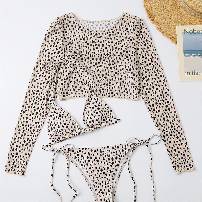 Swimsuit Long Sleeve Mesh Cover Ladies Three Piece Set Swimsuit Leopard Print Sexy Rope Bikini