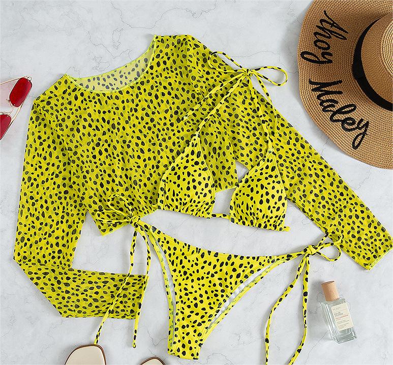 Swimsuit Long Sleeve Mesh Cover Ladies Three Piece Set Swimsuit Leopard Print Sexy Rope Bikini