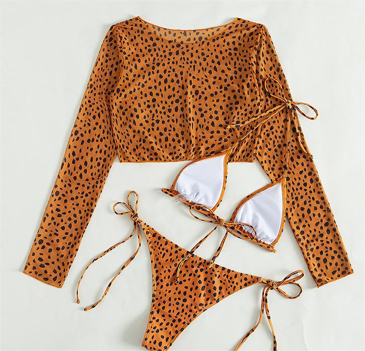 Swimsuit Long Sleeve Mesh Cover Ladies Three Piece Set Swimsuit Leopard Print Sexy Rope Bikini