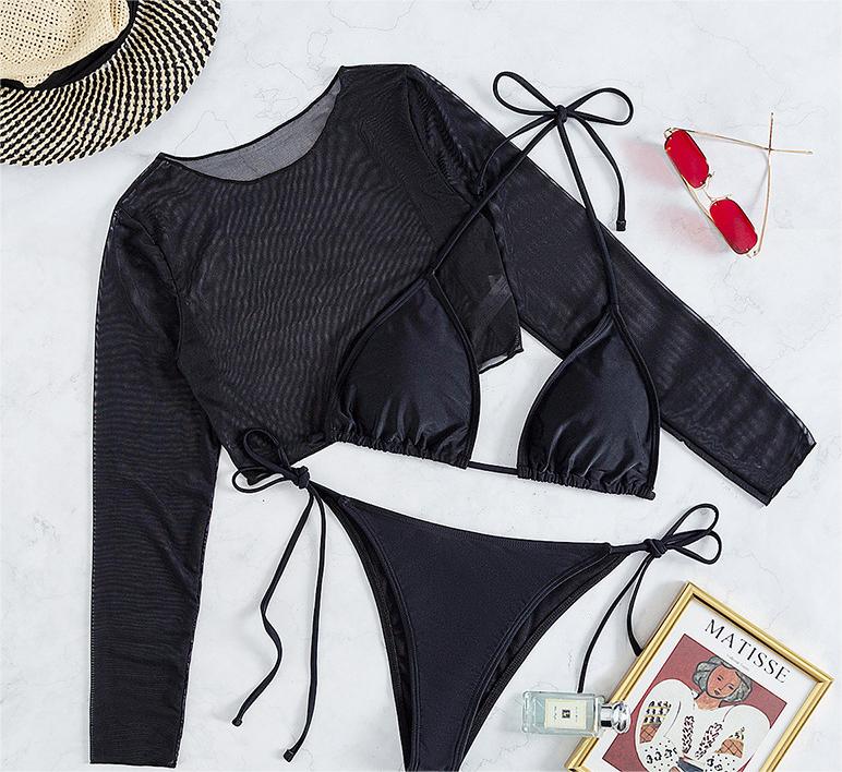 Swimsuit Long Sleeve Mesh Cover Ladies Three Piece Set Swimsuit Leopard Print Sexy Rope Bikini