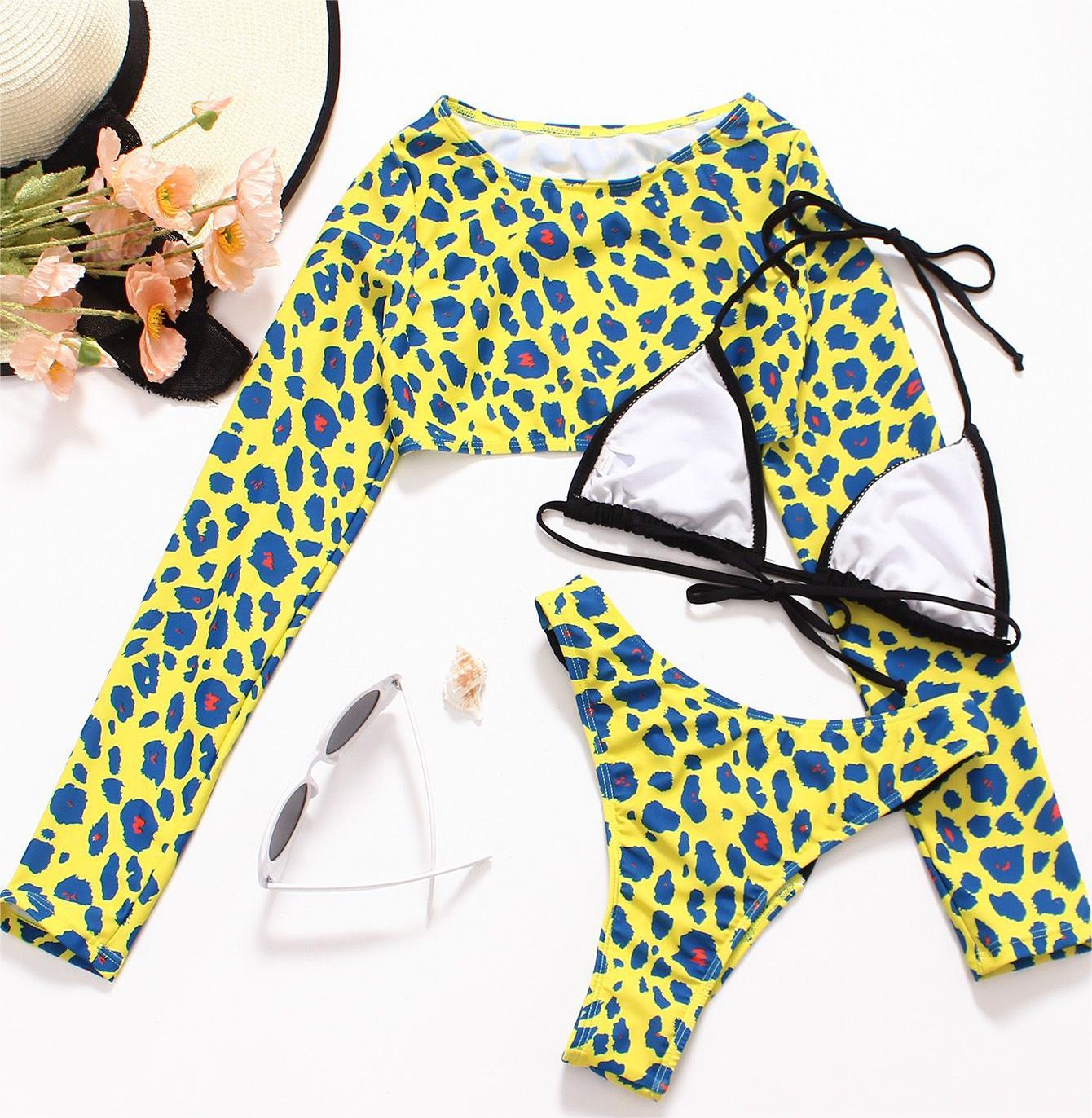 Bikini sexy con trenzas y estampado de leopardo, camisa de manga larga con protección solar, bolso triangular, traje de baño de tres piezas