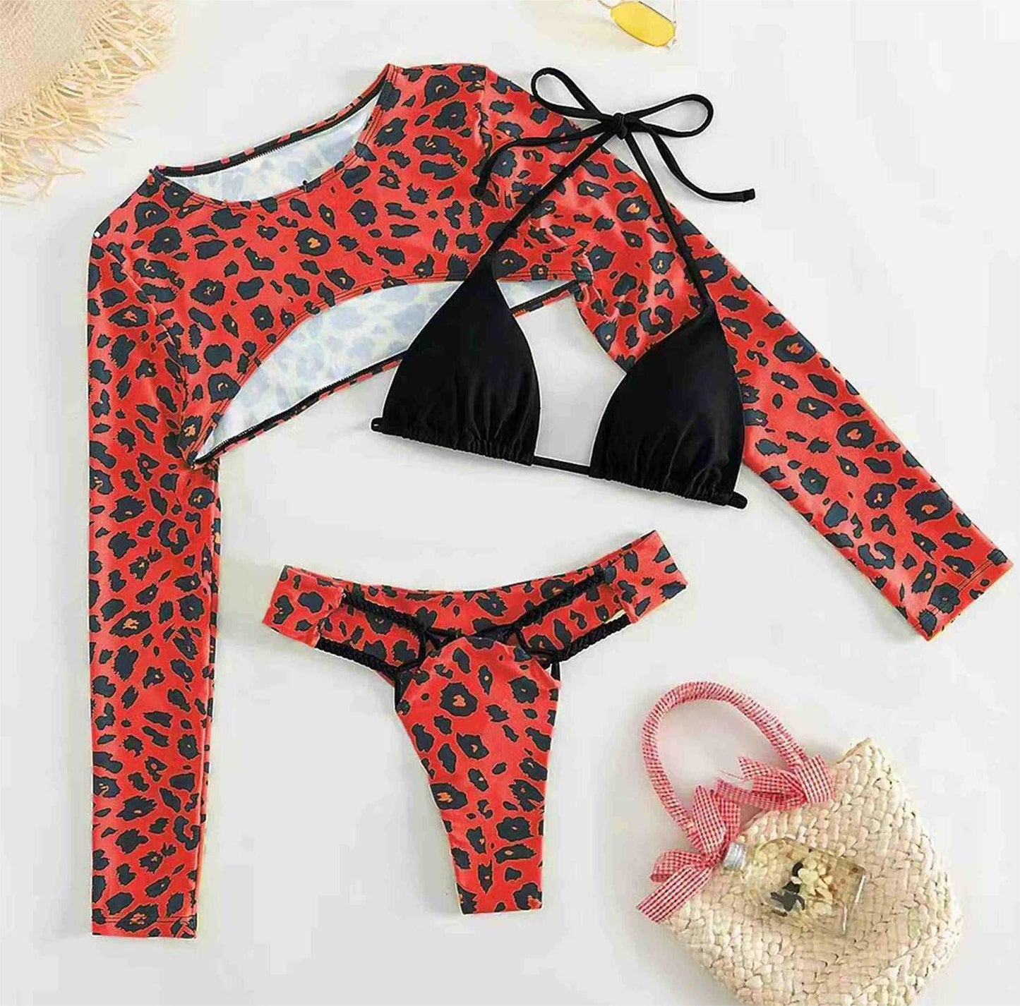 Bikini sexy con trenzas y estampado de leopardo, camisa de manga larga con protección solar, bolso triangular, traje de baño de tres piezas