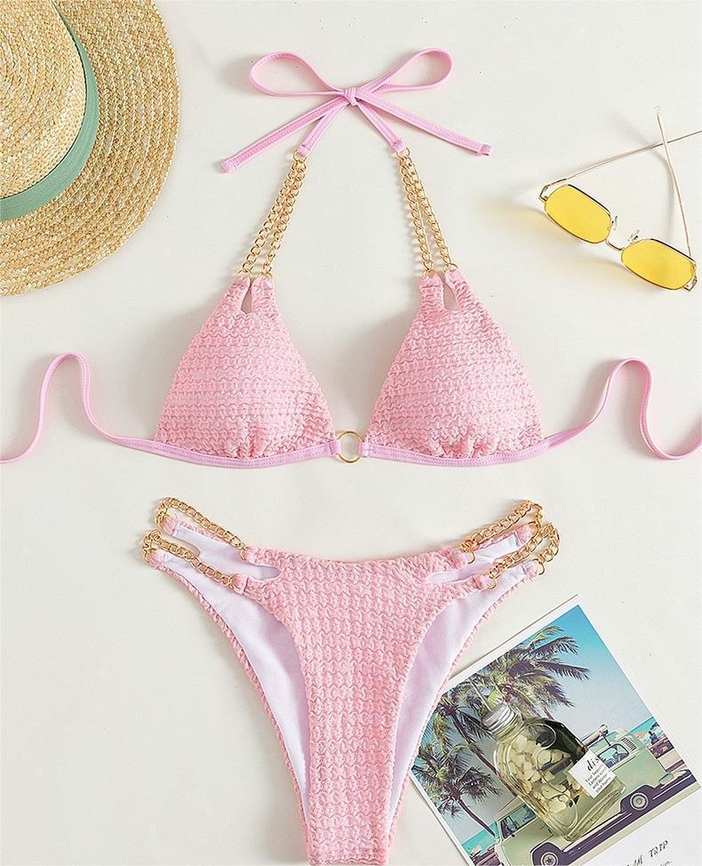 Maillot de bain bikini fendu avec chaîne et bandage, triangle ajouré et découpé, pour femme