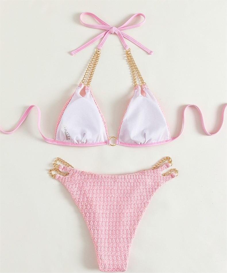 Maillot de bain bikini fendu avec chaîne et bandage, triangle ajouré et découpé, pour femme