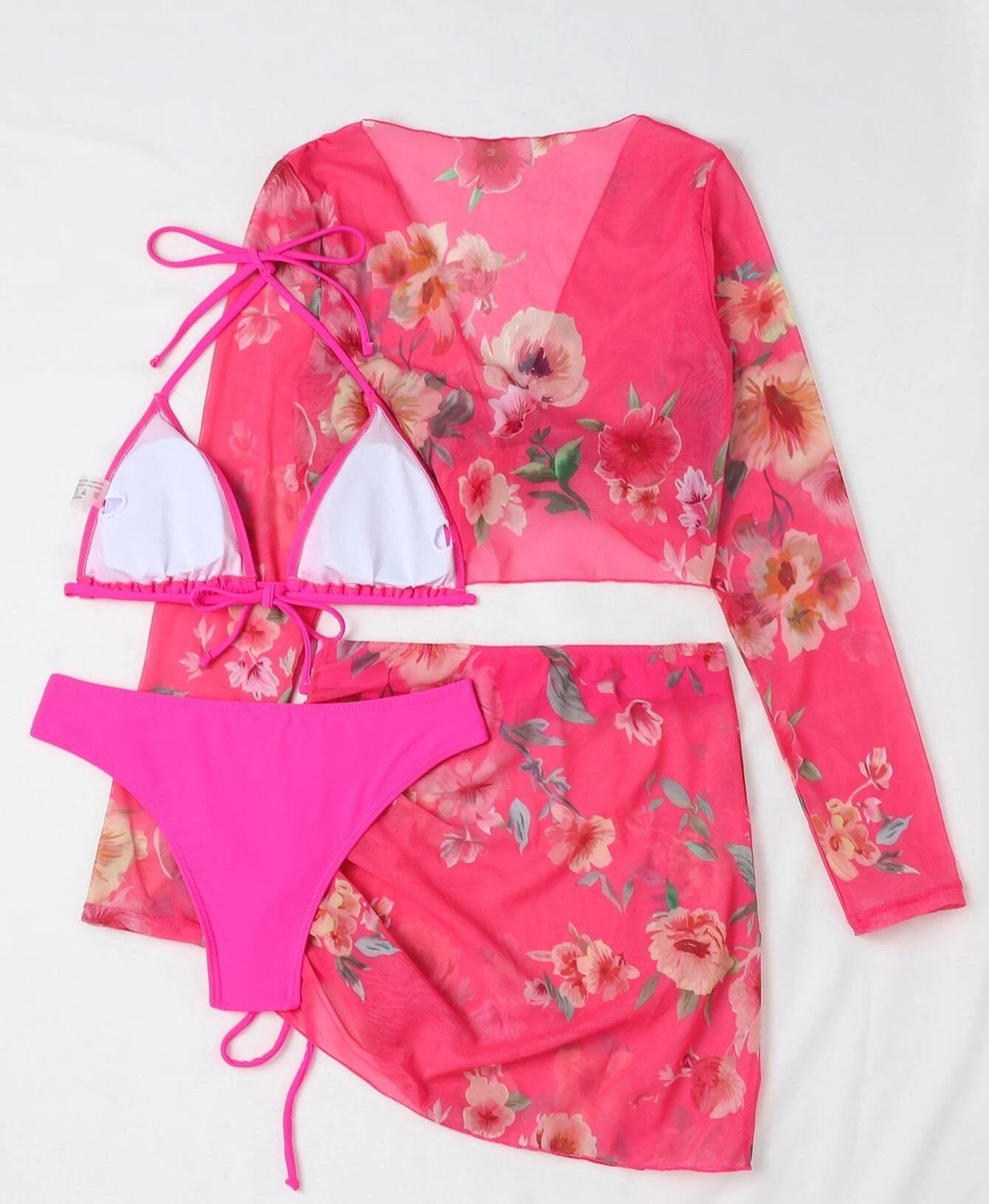 Traje de baño de cuatro piezas sexy de malla estampada dividida de manga larga traje de baño de figura de perfil alto