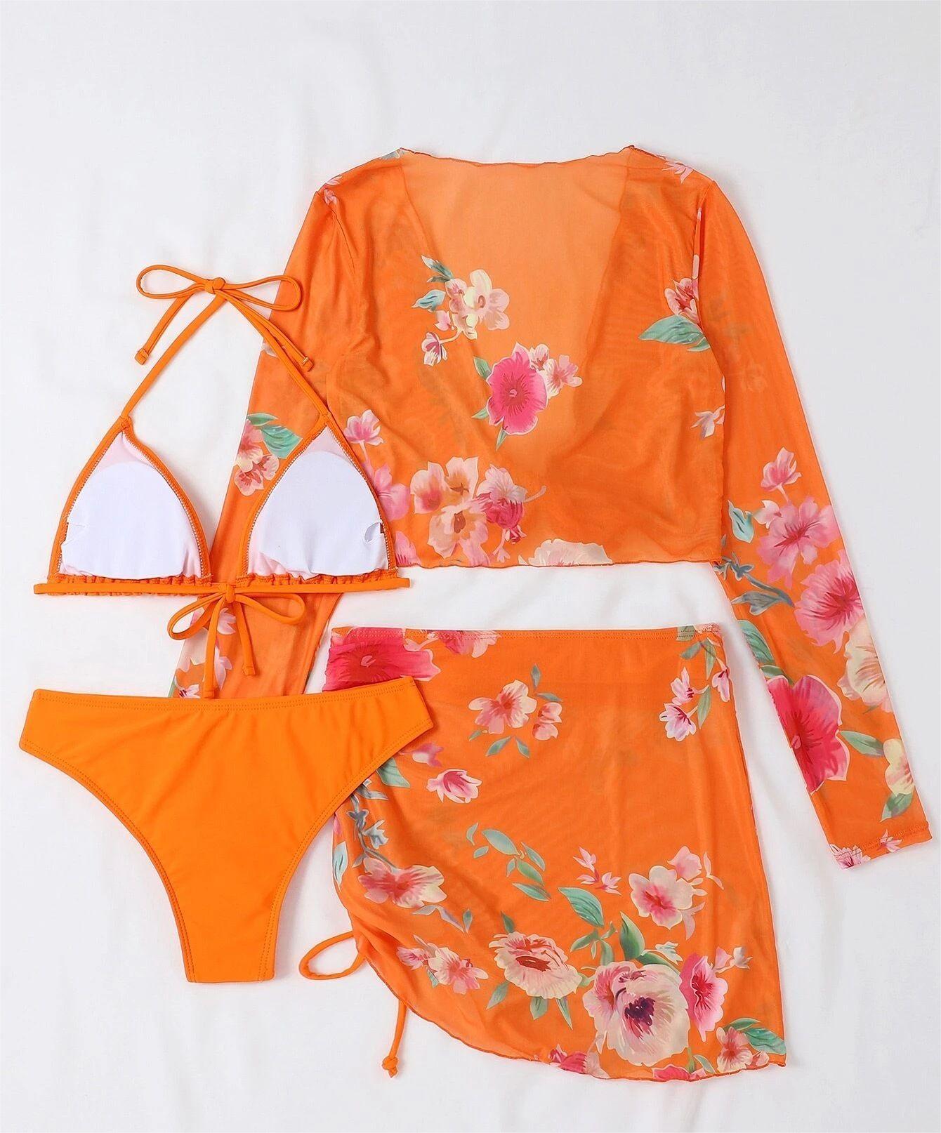 Traje de baño de cuatro piezas sexy de malla estampada dividida de manga larga traje de baño de figura de perfil alto