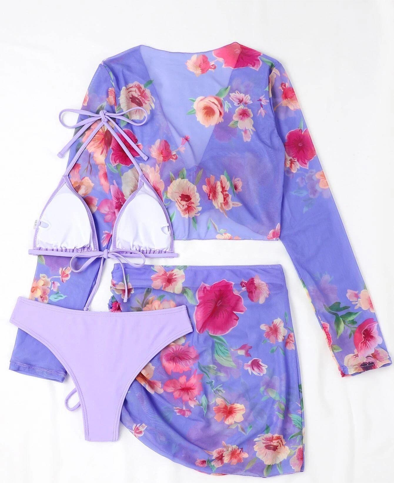 Traje de baño de cuatro piezas sexy de malla estampada dividida de manga larga traje de baño de figura de perfil alto