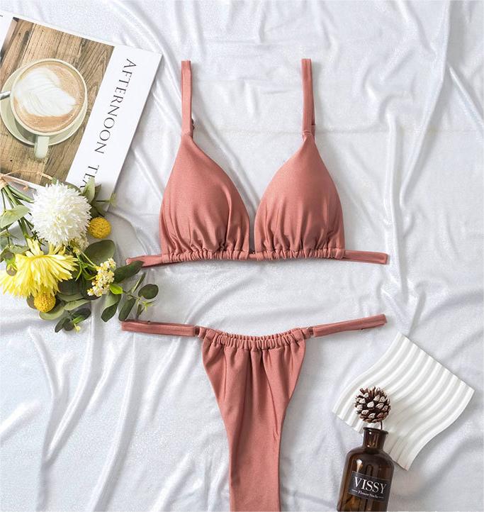 Solid Color Triangle Split Bikini Swimsuit Women Sexy Three Point Lace Up