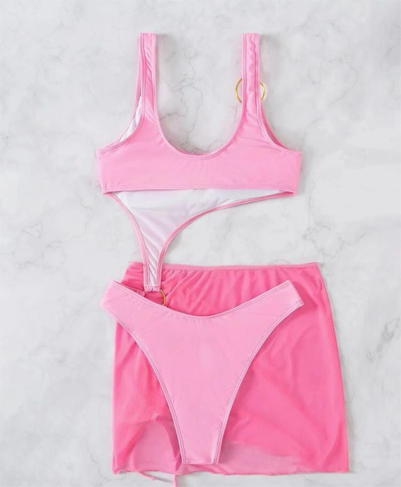 Traje de baño de una pieza de dos piezas de color sólido, bikini sexy de malla recortada con cordón ajustable