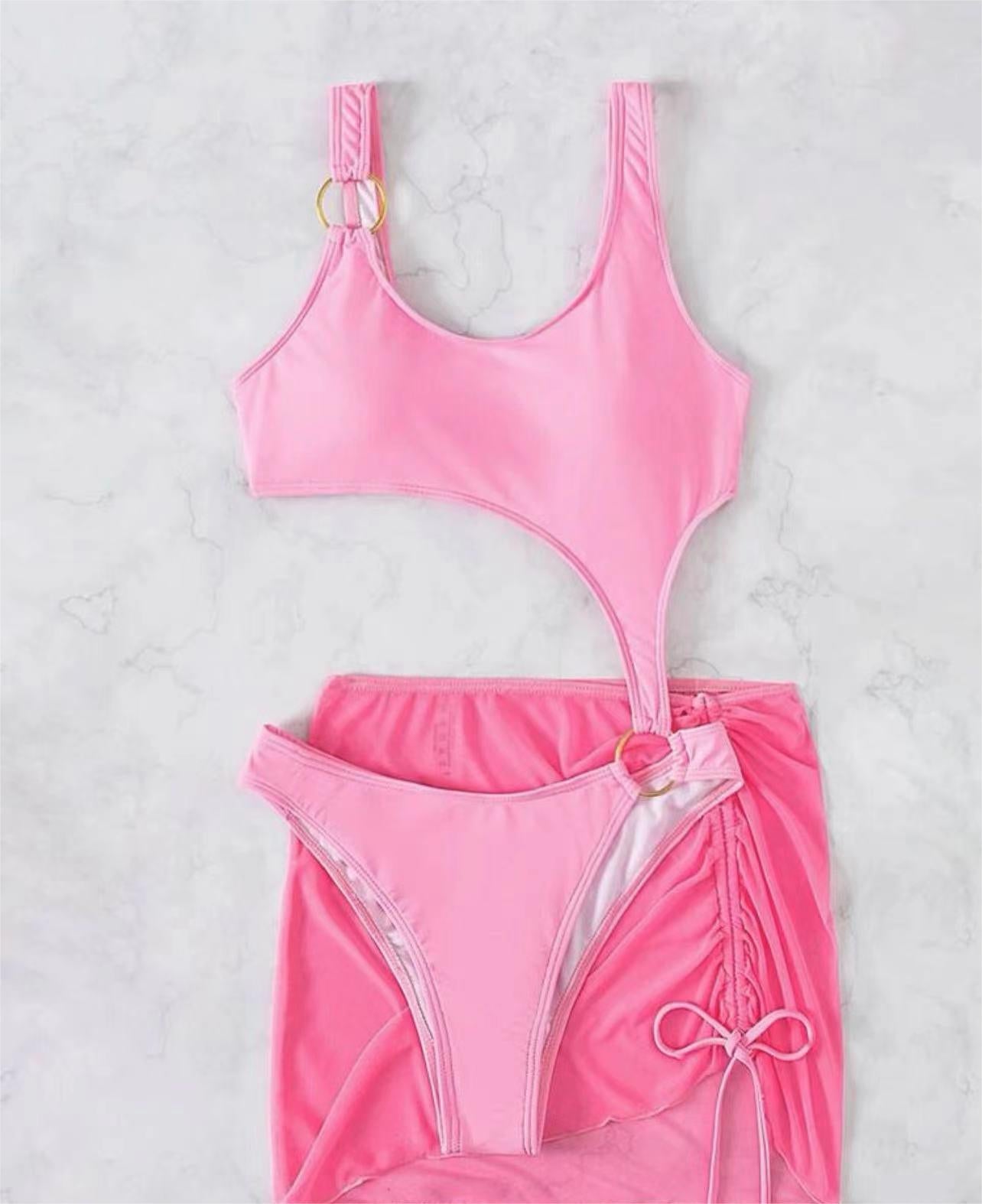 Traje de baño de una pieza de dos piezas de color sólido, bikini sexy de malla recortada con cordón ajustable