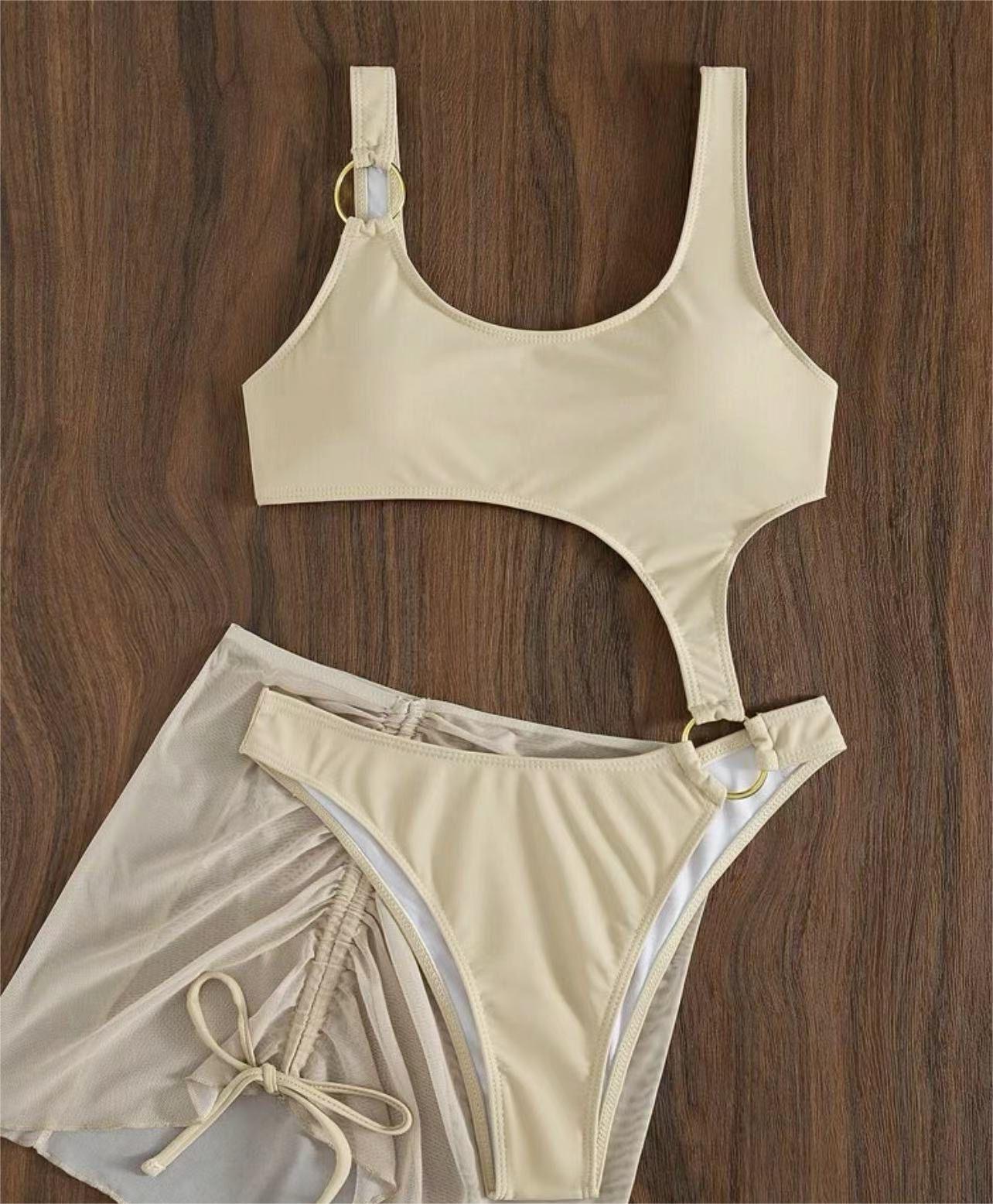 Traje de baño de una pieza de dos piezas de color sólido, bikini sexy de malla recortada con cordón ajustable