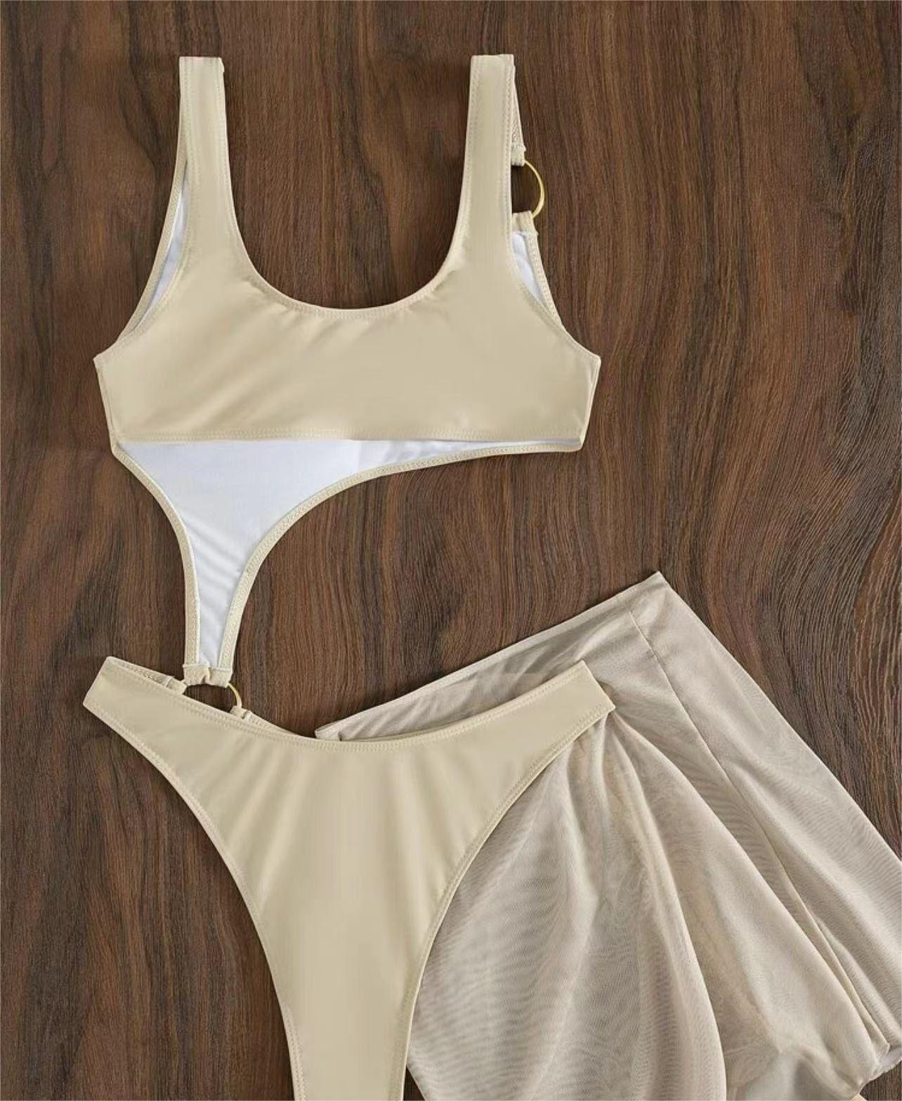 Traje de baño de una pieza de dos piezas de color sólido, bikini sexy de malla recortada con cordón ajustable