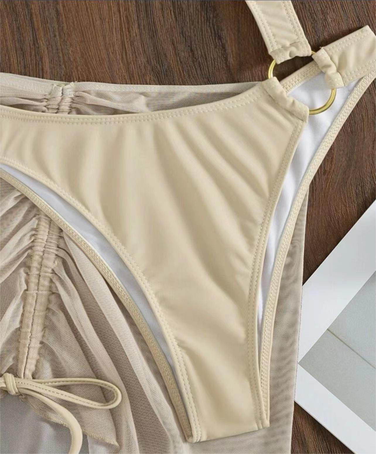 Traje de baño de una pieza de dos piezas de color sólido, bikini sexy de malla recortada con cordón ajustable