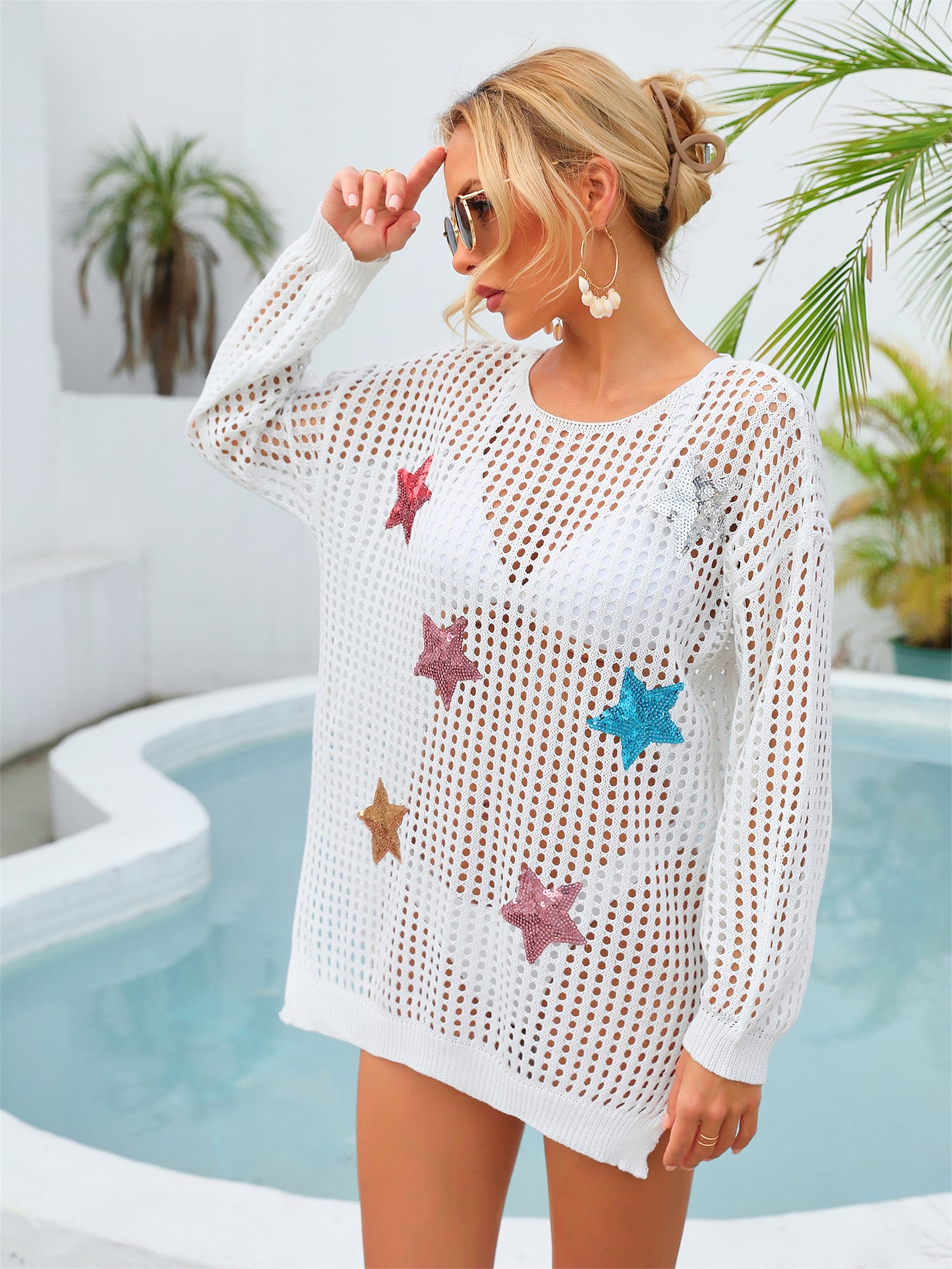 Summer Beach Cover up Hollow Out Cutout Pentagram Holiday Shirt Long Sleeve Sunscreen Coat