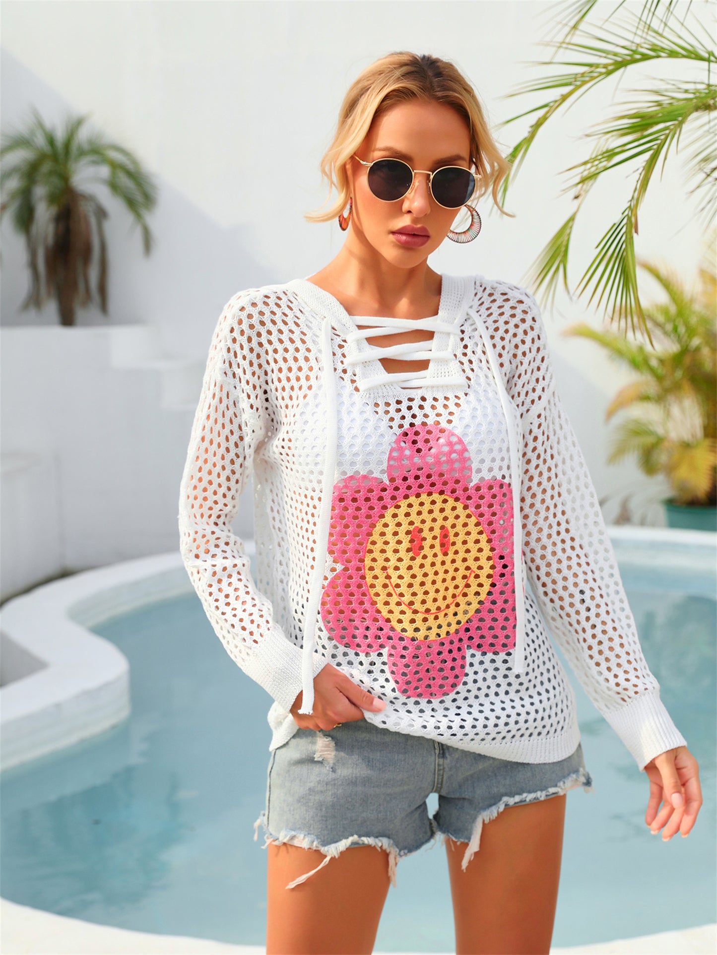 Summer Hooded Printing Personality Beach Shirt plus Size Vacation Long Sleeve Sunscreen Coat