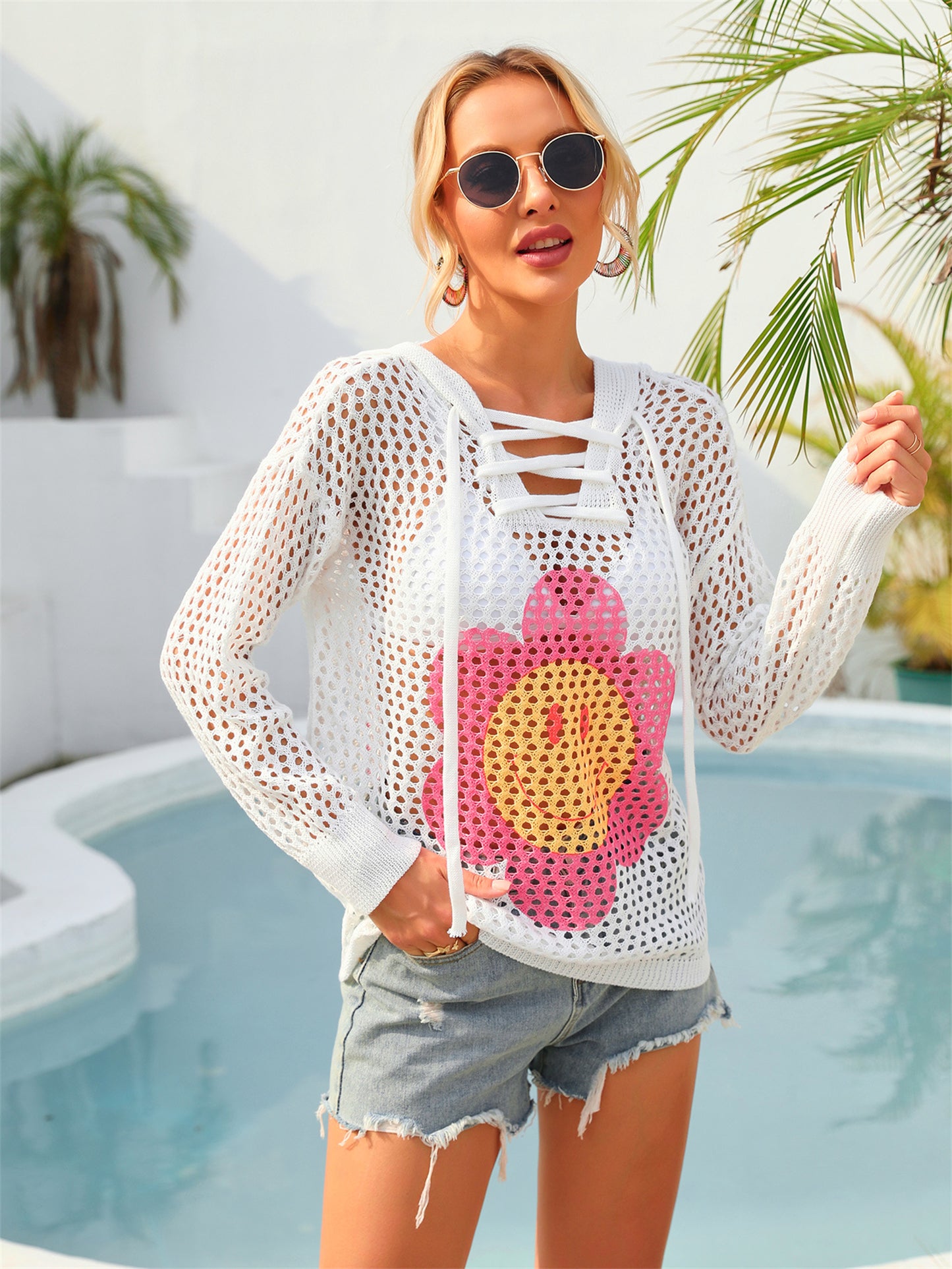 Summer Hooded Printing Personality Beach Shirt plus Size Vacation Long Sleeve Sunscreen Coat