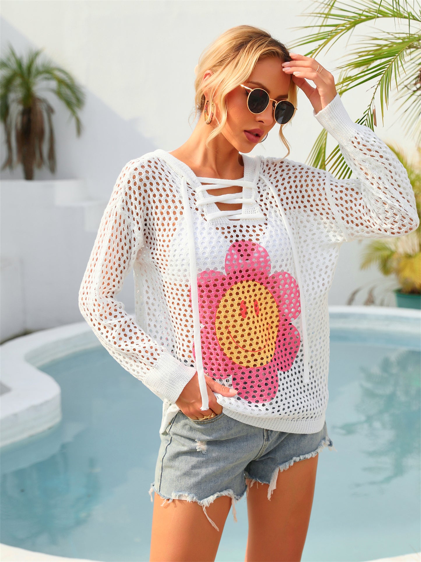 Summer Hooded Printing Personality Beach Shirt plus Size Vacation Long Sleeve Sunscreen Coat
