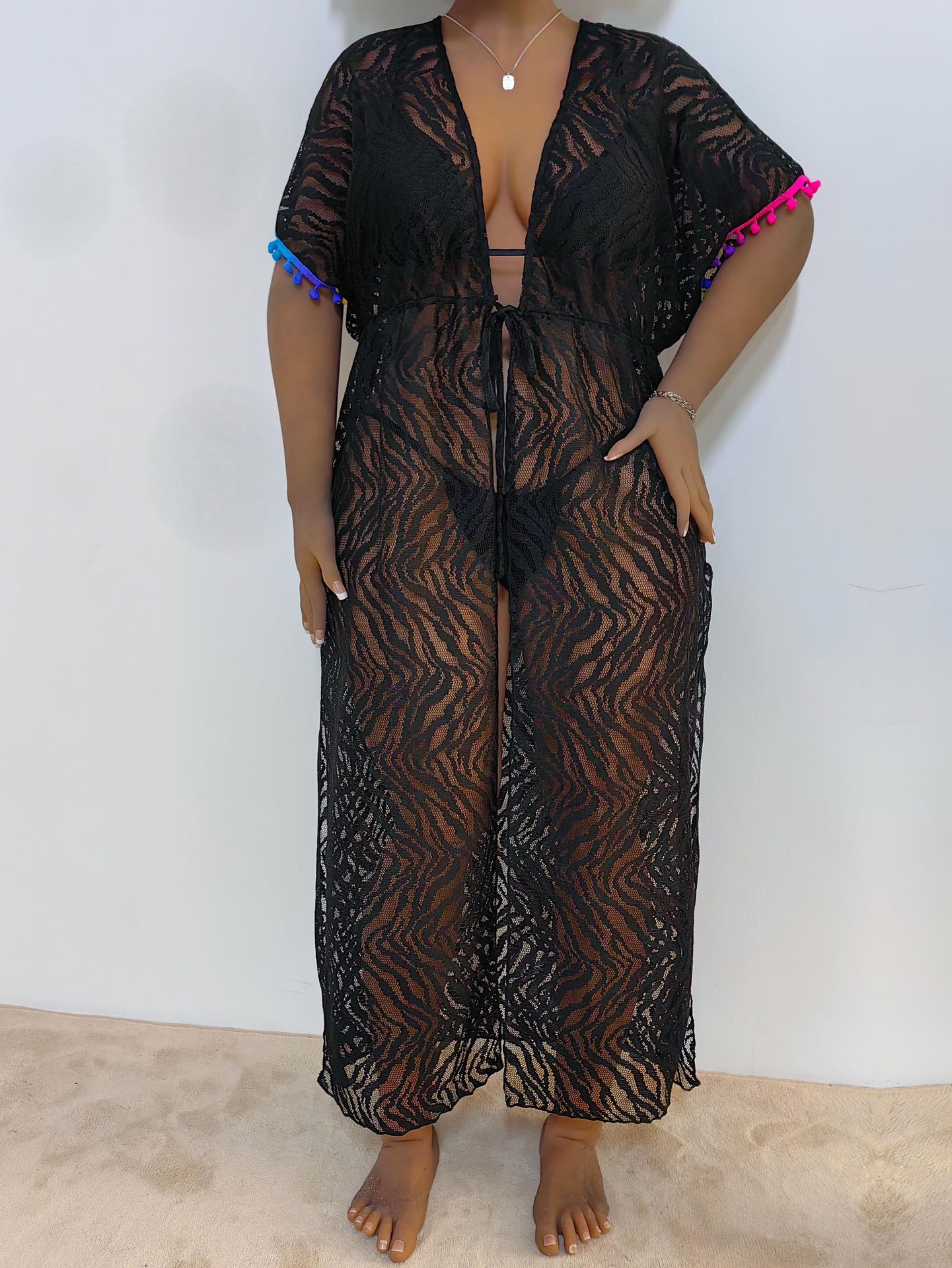 Women Cardigan Women Clothes Sexy See through Lace Waist Trimming Lace up Beach Beach Cover Up