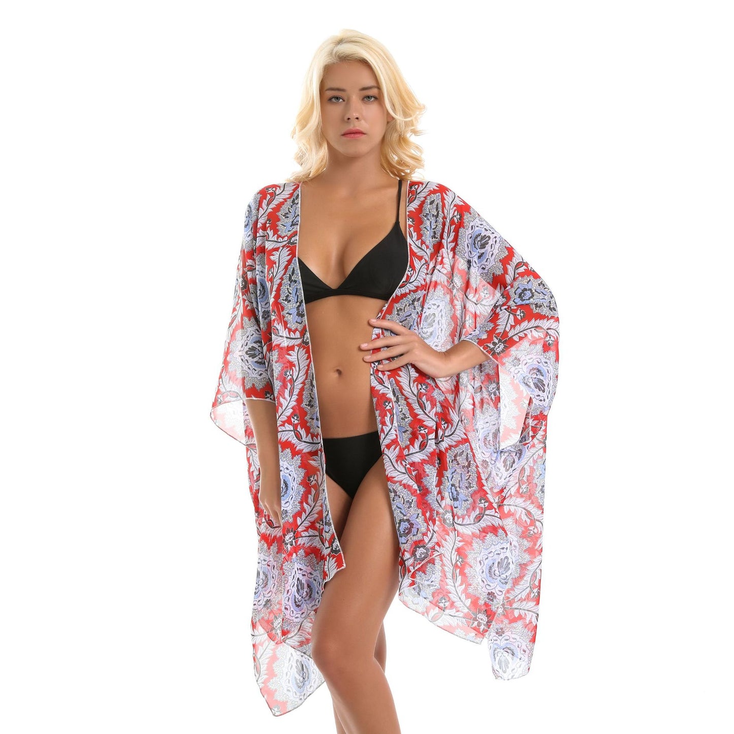 Blusa tipo cárdigan de gasa con estampado floral de ratán étnico y protección solar
