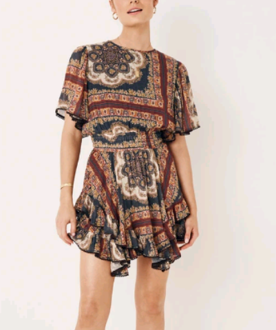Spring Summer Elegant round Neck Short Sleeve Waist Controlled Printed Short Dress YiPin
