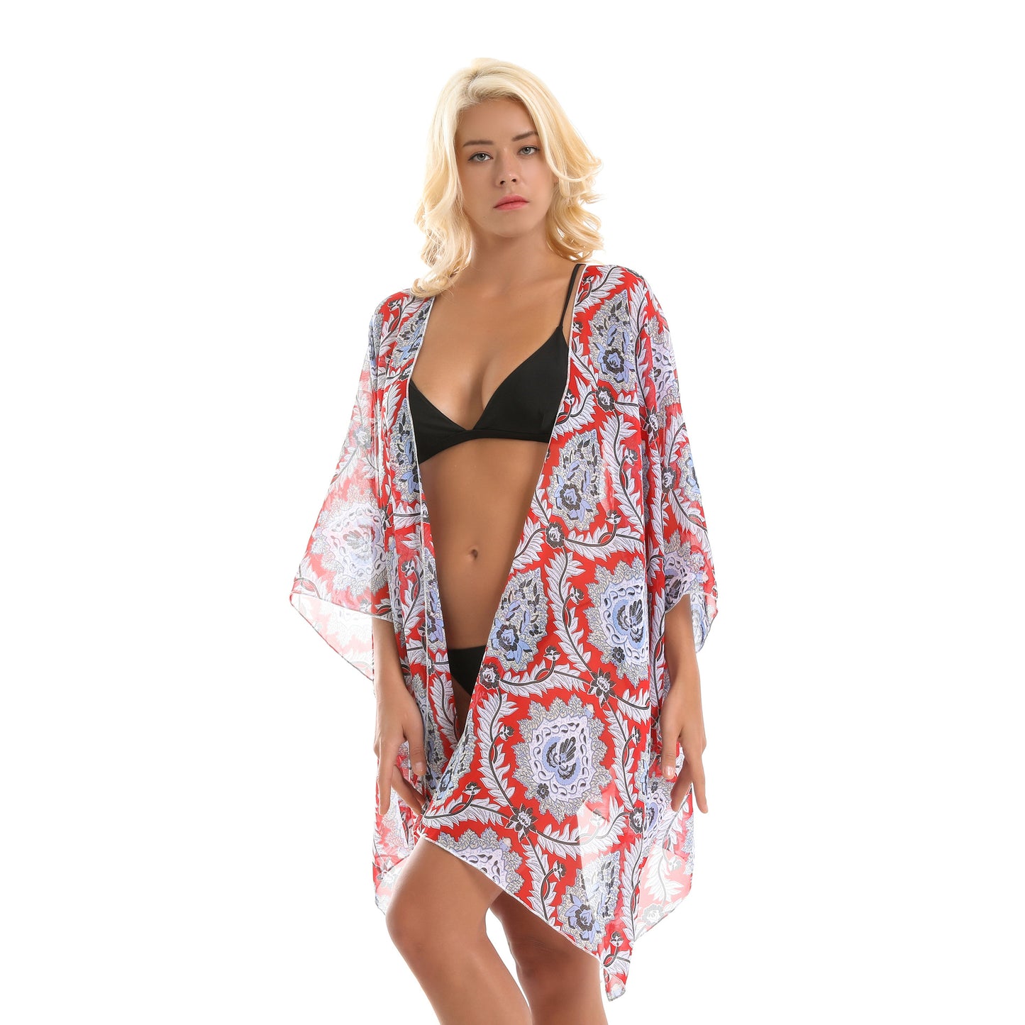Blusa tipo cárdigan de gasa con estampado floral de ratán étnico y protección solar