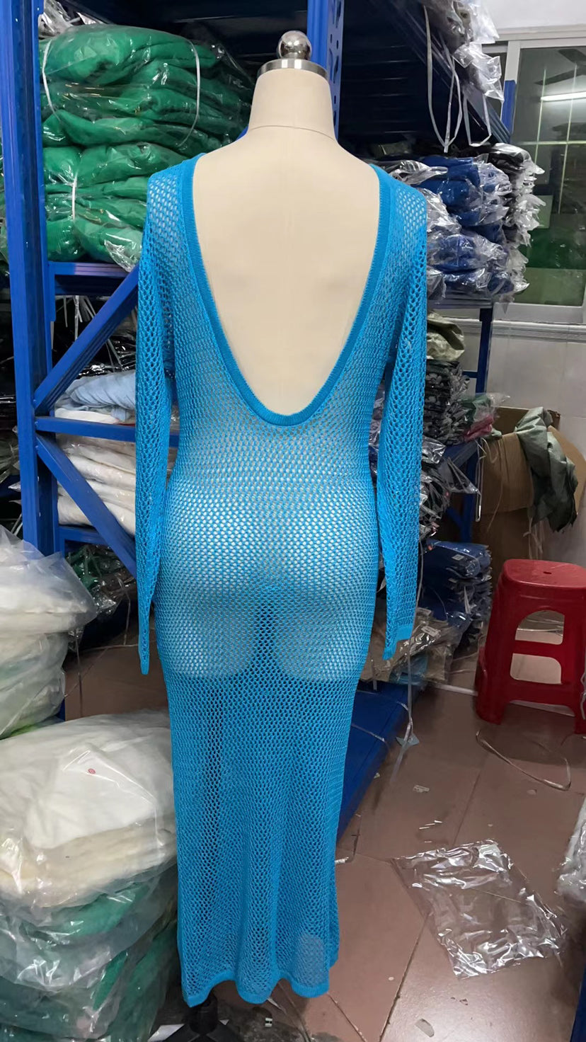 Knitted Hollow Out Cutout out See through Backless Dress Sexy Two Way Seaside Vacation Sun Protection Dress for Women