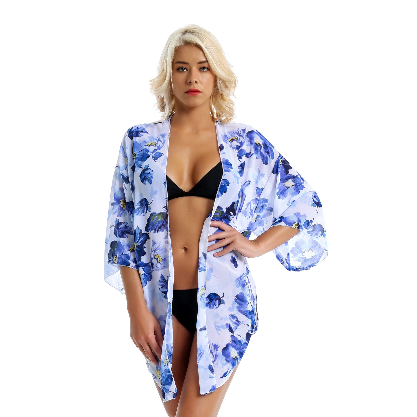 Spring Summer Fresh Blue Floral Light Chiffon Sunshade Beach Cover Up Half Sleeve Cardigan