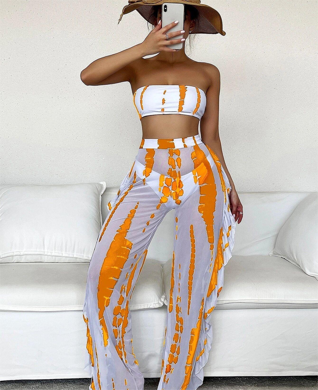 Swimwear Women Split Three Piece Tube Top Printing Multicolor Trousers Bikini