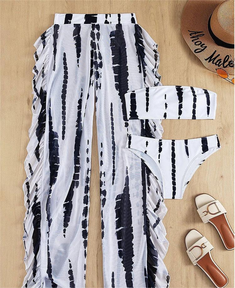 Swimwear Women Split Three Piece Tube Top Printing Multicolor Trousers Bikini