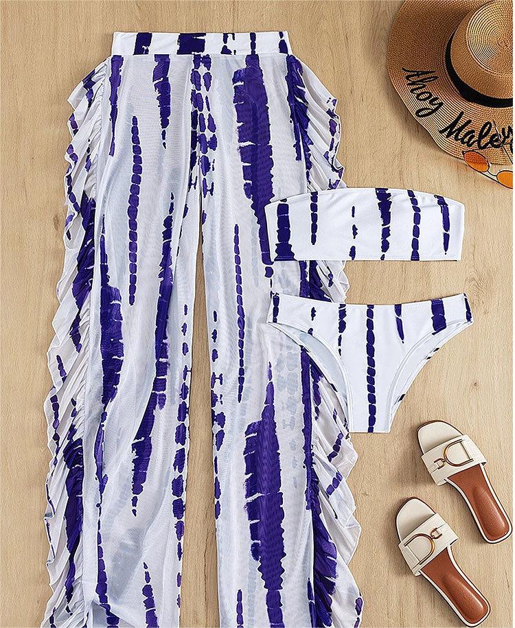 Swimwear Women Split Three Piece Tube Top Printing Multicolor Trousers Bikini