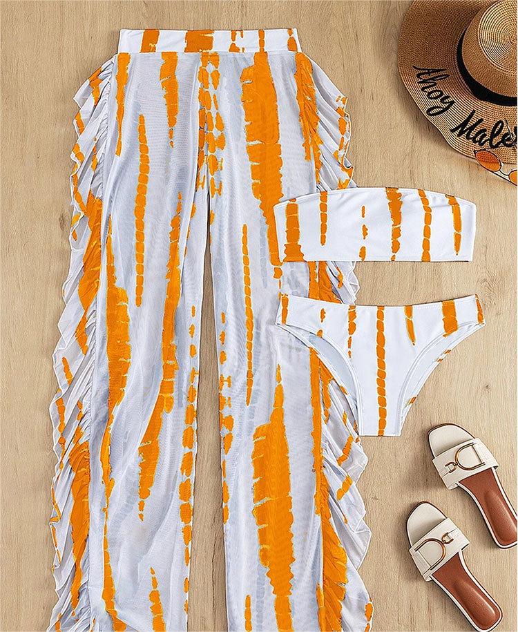 Swimwear Women Split Three Piece Tube Top Printing Multicolor Trousers Bikini