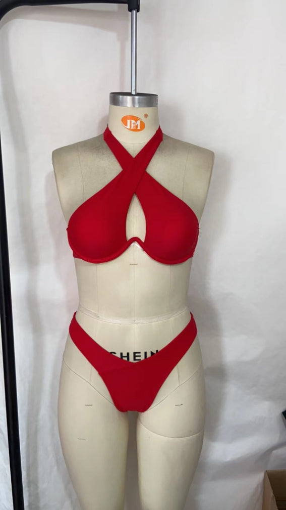 Traje de baño dividido de color sólido para mujeres solteras extranjeras Traje de baño dividido con soporte de acero y fruncido cruzado Traje de baño dividido sexy
