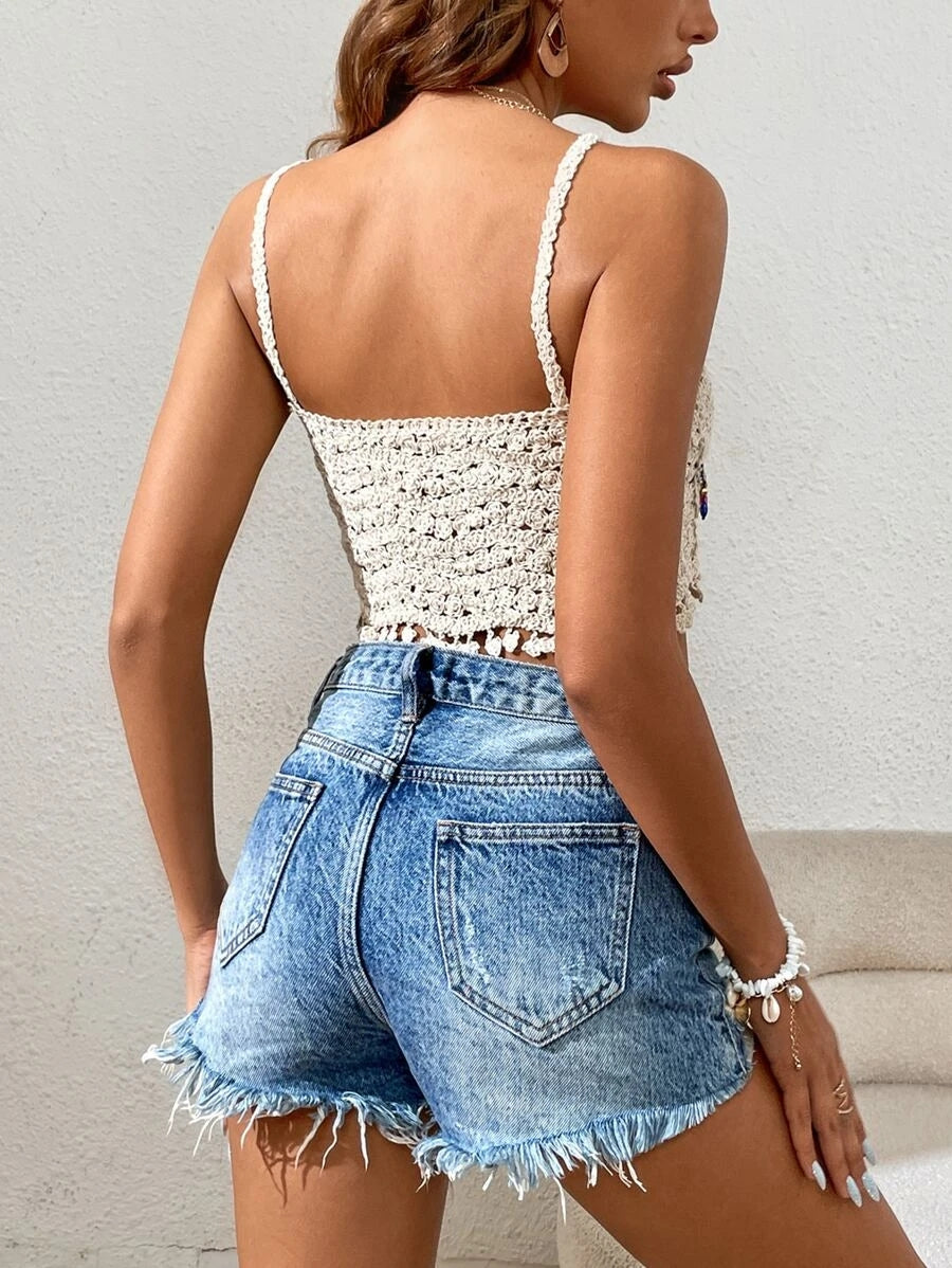 Women Summer Vacation Colorful Tassel Hanging Beads Hand crocheted Hollow Sling Top Crochet hook