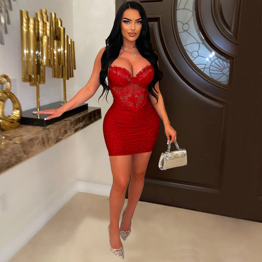 Women Wear Solid Color Sleeveless Chain Link Fencing Shoulder Strap Dress